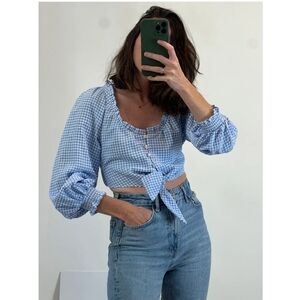 Zara Light Blue Gingham Tie-Front Crop Top Si'e Large